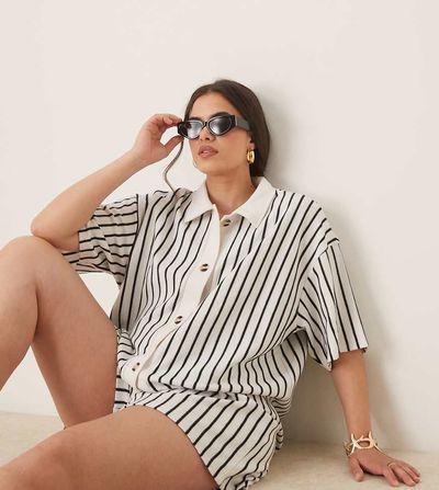 ASOS Curve ASOS DESIGN Curve textured resort shirt in cream and navy stripe - part of a set-Multi