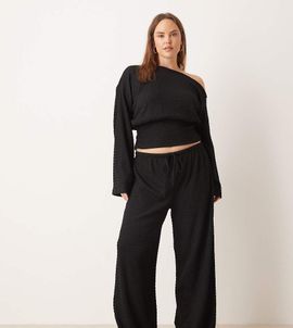 ASOS Curve ASOS DESIGN Curve textured tie waist wide leg pants in black - part of a set