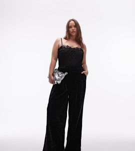 ASOS Curve ASOS DESIGN Curve textured velvet tailored wide leg pants in black