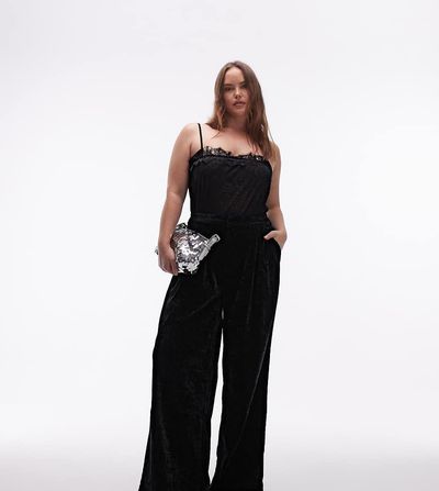 ASOS Curve ASOS DESIGN Curve textured velvet tailored wide leg pants in black