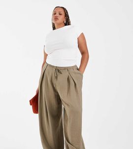 ASOS Curve ASOS DESIGN Curve textured wide leg pants with tie waist in Khaki-Green