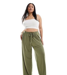 ASOS Curve ASOS DESIGN Curve tie belt wide leg pants in khaki-Green