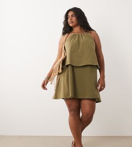 ASOS Curve ASOS DESIGN curve tie neck baby doll mini dress-Green