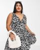 ASOS Curve ASOS DESIGN Curve tiered sundress with button waist detail in black and cream abstract print-Multi - 1