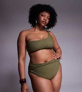 ASOS Curve ASOS DESIGN Curve Tina Twisted paper touch high waist high leg twist front bikini bottoms in khaki green
