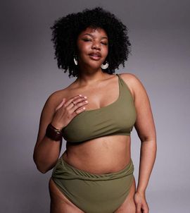 ASOS Curve ASOS DESIGN Curve Tina Twisted paper touch one shoulder bikini crop top in khaki green