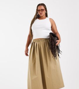ASOS Curve ASOS DESIGN Curve toggle waist detail volume midaxi skirt in camel-Neutral