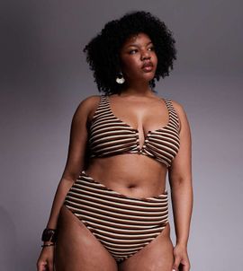 ASOS Curve ASOS DESIGN Curve Tori terrycloth bikini shorts in caramel stripes-Brown