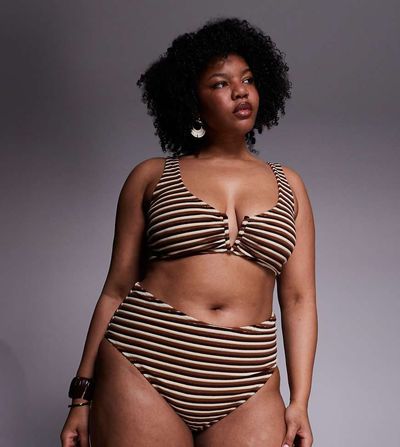 ASOS Curve ASOS DESIGN Curve Tori terrycloth bikini shorts in caramel stripes-Brown