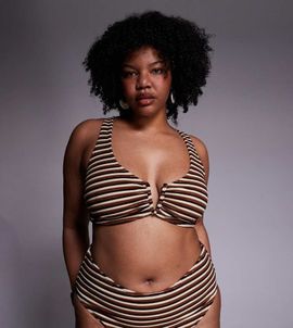 ASOS Curve ASOS DESIGN Curve Tori terrycloth Nissi V-wire bikini top in caramel stripes-Brown