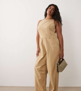 ASOS Curve ASOS DESIGN Curve twill jumpsuit with seam details in washed stone-Neutral