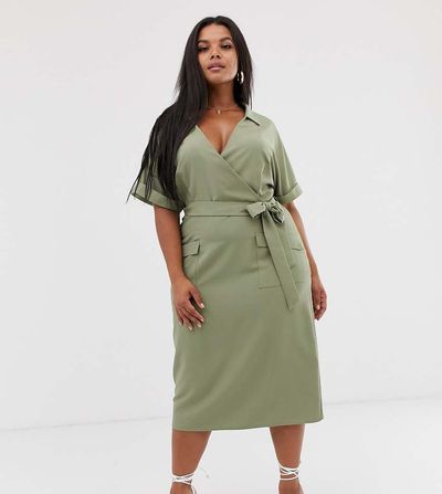 ASOS Curve ASOS DESIGN Curve utility collared wrap midi dress with belt-Green