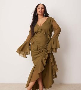 ASOS Curve ASOS DESIGN Curve v neck long sleeve ruffle maxi dress with cut out back in green