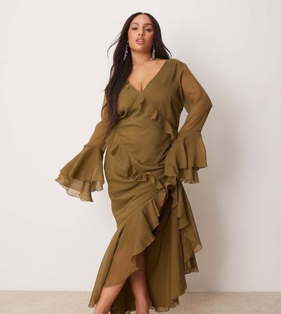 ASOS Curve ASOS DESIGN Curve v neck long sleeve ruffle maxi dress with cut out back in green