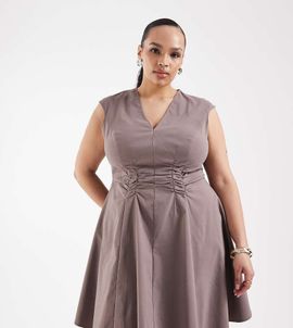 ASOS Curve ASOS DESIGN Curve v neck ruched bengaline mini dress in taupe-Neutral