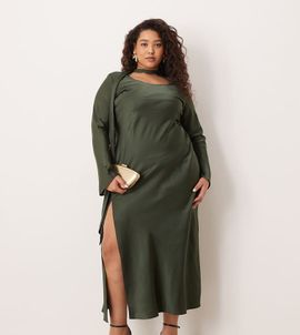 ASOS Curve ASOS DESIGN Curve v neck scarf detail long sleeve maxi dress in dark green-No color