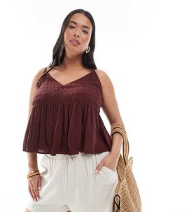 ASOS Curve ASOS DESIGN Curve v neck shirred cami top in chocolate-Brown