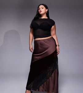 ASOS Curve ASOS DESIGN Curve velvet and lace mix satin maxi skirt in chocolate-Brown