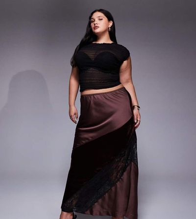 ASOS Curve ASOS DESIGN Curve velvet and lace mix satin maxi skirt in chocolate-Brown