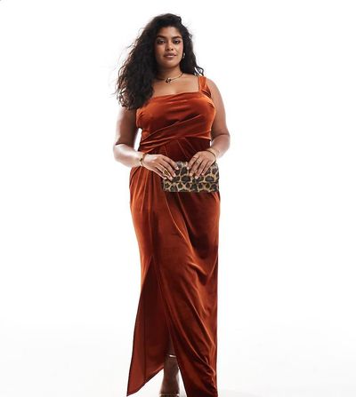 ASOS Curve ASOS DESIGN Curve velvet square neck maxi dress with drape skirt in rust-Red