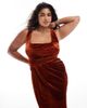 ASOS Curve ASOS DESIGN Curve velvet square neck maxi dress with drape skirt in rust-Red - 4