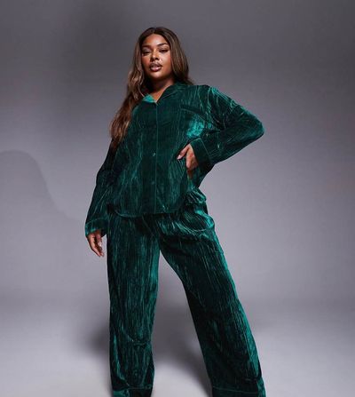 ASOS Curve ASOS DESIGN Curve velvet texture pajama set in emerald green