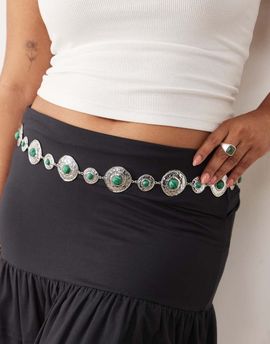 ASOS Curve ASOS DESIGN Curve waist and hip green stone set chain belt in silver tone