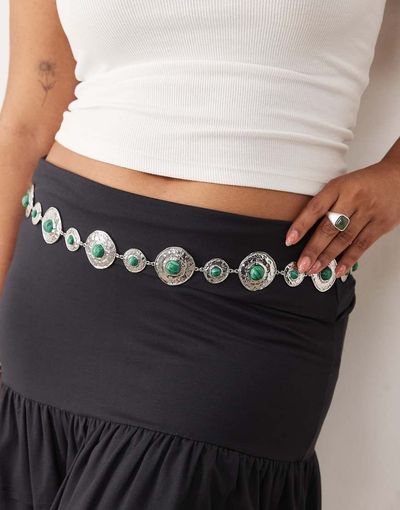 ASOS Curve ASOS DESIGN Curve waist and hip green stone set chain belt in silver tone