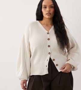 ASOS Curve ASOS DESIGN Curve waisted structured cardigan in cream-White
