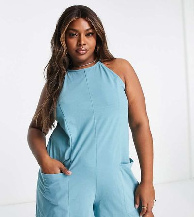 ASOS Curve ASOS DESIGN Curve washed slouched pocket romper in blue