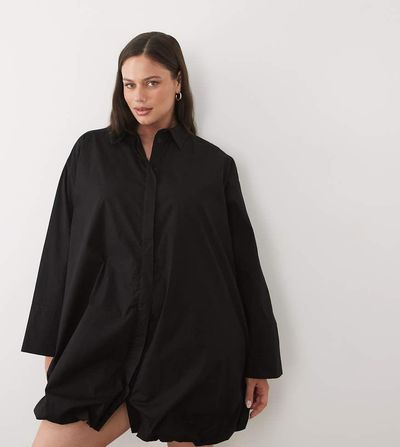ASOS Curve ASOS DESIGN Curve wide cuff shirt mini dress with bubble hem in black