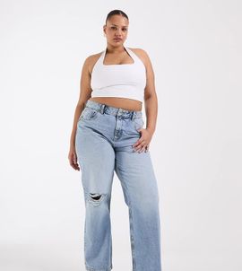 ASOS Curve ASOS DESIGN Curve wide leg dad jeans in light wash with knee rips-Blue
