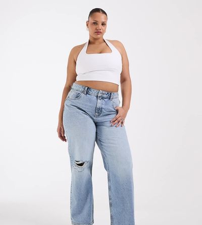 ASOS Curve ASOS DESIGN Curve wide leg dad jeans in light wash with knee rips-Blue