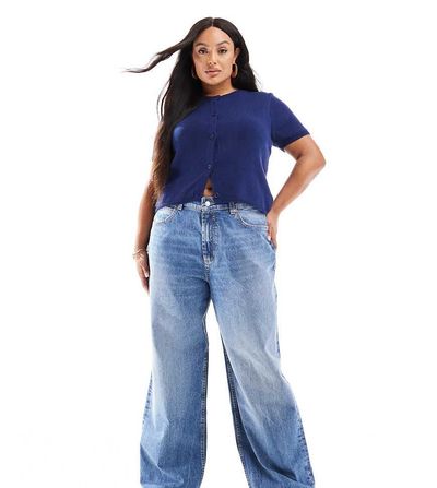 ASOS Curve ASOS DESIGN Curve wide leg dad jeans in mid blue