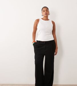 ASOS Curve ASOS DESIGN Curve wide leg pants with pleat detail in linen look in black