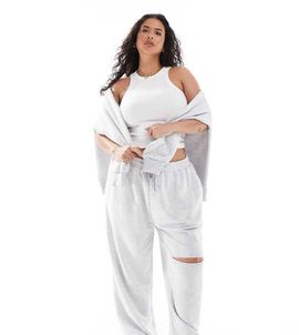 ASOS Curve ASOS DESIGN Curve wide leg sweatpants with ripped knee in gray heather