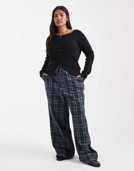 ASOS Curve ASOS DESIGN Curve wide leg tie waist pants in brushed navy plaid