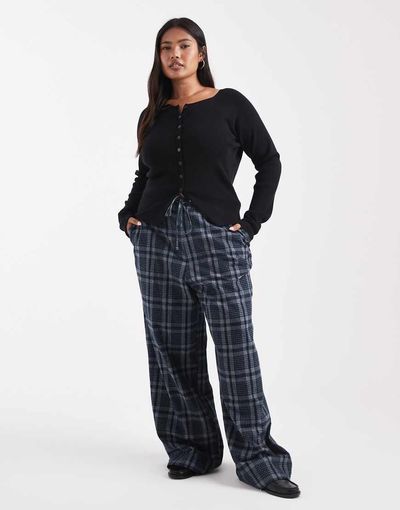 ASOS Curve ASOS DESIGN Curve wide leg tie waist pants in brushed navy plaid