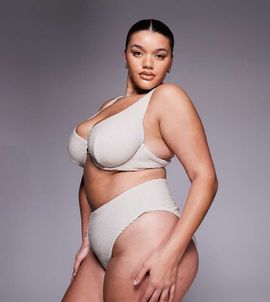 ASOS Curve ASOS DESIGN Curve Winter crinkle Azores high leg high waist bikini bottoms in metallic cream-Neutral