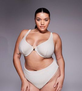 ASOS Curve ASOS DESIGN Curve Winter crinkle Marina del Rey underwire high apex bikini top with hardware in metallic cream-Neutral