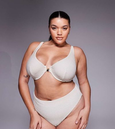 ASOS Curve ASOS DESIGN Curve Winter crinkle Marina del Rey underwire high apex bikini top with hardware in metallic cream-Neutral