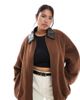 ASOS Curve ASOS DESIGN Curve wool blend heritage leather look collar bomber jacket in chocolate-Brown - 1