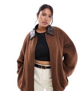 ASOS Curve ASOS DESIGN Curve wool blend heritage leather look collar bomber jacket in chocolate-Brown