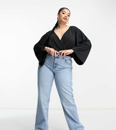 ASOS Curve ASOS DESIGN Curve wrap bodysuit with angel sleeve in black