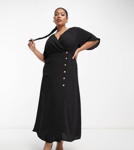 ASOS Curve ASOS DESIGN Curve wrap button skirt midi dress with pocket detail in black