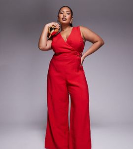 ASOS Curve ASOS DESIGN Curve wrap front cut out jumpsuit with buckle detail in red