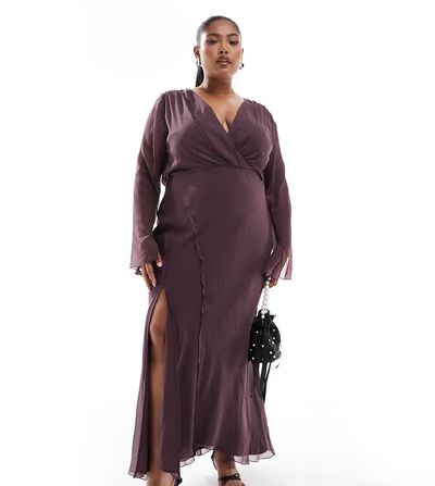 ASOS Curve ASOS DESIGN Curve wrap front midi dress with seaming details in wine-Multi