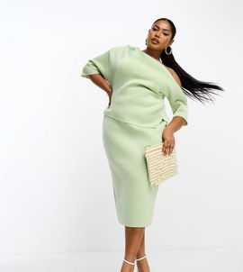 ASOS Curve ASOS DESIGN Curve wrap midi pencil dress in sage green