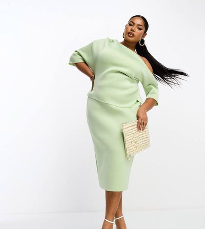 ASOS Curve ASOS DESIGN Curve wrap midi pencil dress in sage green