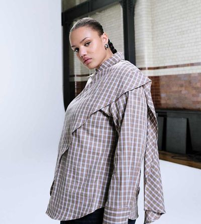 ASOS Curve ASOS DESIGN Curve wrap scarf detail oversized shirt in plaid-Brown